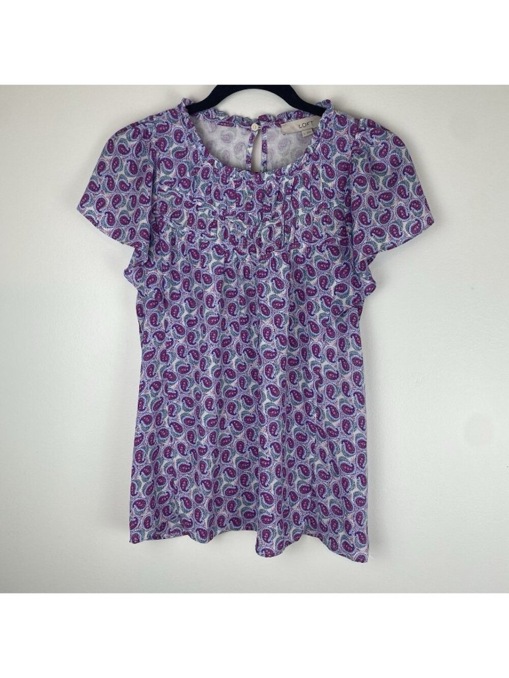 Loft Women's Paisley Short Sleeve Blouse Size S Magenta Pink